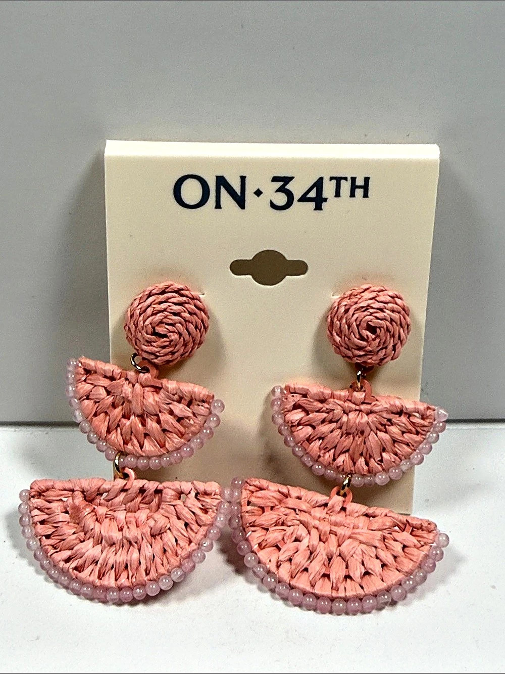 ON·34TH Gold-Tone Stone Bead & Woven Raffia Drop Earrings Pink